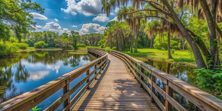 Scenic boardwalk winding through lush vegetation at Lake Lotus nature park in Altamonte Springs, Florida