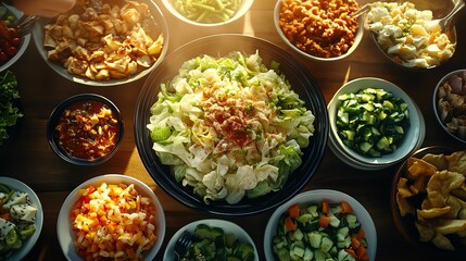 A panoramic shot of a beautifully set Japanese dining table during a family gathering, with various dishes and smiling faces
