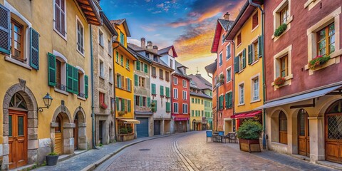 Fototapeta premium Narrow cobblestone streets lined with colorful buildings in historic Annecy, France, Annecy, France, streets