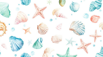 A whimsical watercolor artwork featuring seashells and starfishes in pastel hues of blue, green, and pink, scattered across a white background.