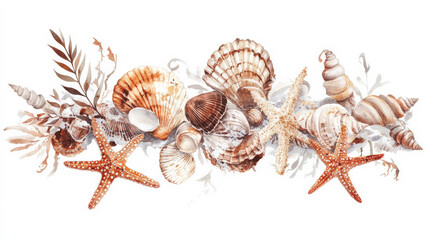 Obraz premium Beautiful watercolor composition of seashells and starfishes in earthy tones of brown, beige, and white, arranged artfully on a clean white background.