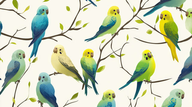 A pattern of colorful parakeets with feathers in shades of green, blue, and yellow, perched on branches, creating a cheerful and lively background.