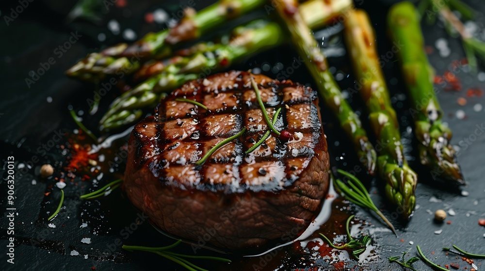 Poster grilled fillet mignon steak with roasted asparagus black background top view : generative ai