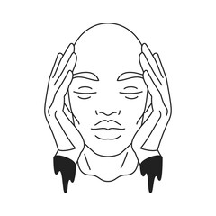 Y2k psychedelic future man head with melting hand outline black icon vector flat illustration