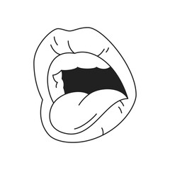 Y2k screaming woman open mouth lips outline black icon vector flat illustration