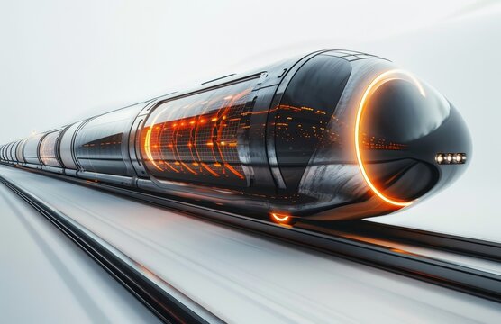 A sleek, futuristic hyperloop transport capsule with glowing lights, representing advanced technology, innovation, and high-speed travel.