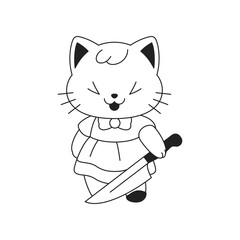 Y2k laughing Kawaii girlish glamour toy baby cat with knife outline black icon vector flat