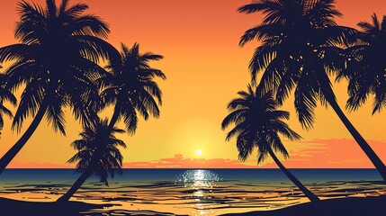 Tropical Beach with Silhouetted Palm Trees Against a Stunning Sunset Background
