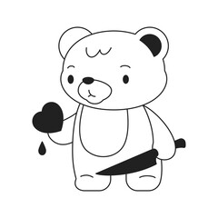 Y2k Kawaii funky teddy toy with knife and heart blood drop outline black icon vector flat