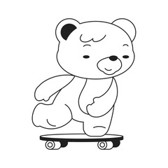 Y2k Kawaii bear toy riding on skateboard neo gothic outline black icon vector flat illustration