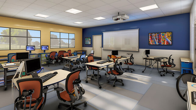 Futuristic special education classroom equipped with advanced assistive technology to support students with developmental disabilities