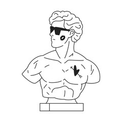 Y2k Greek god bust sculpture in sunglasses with tattoo contemporary pop art outline icon vector flat
