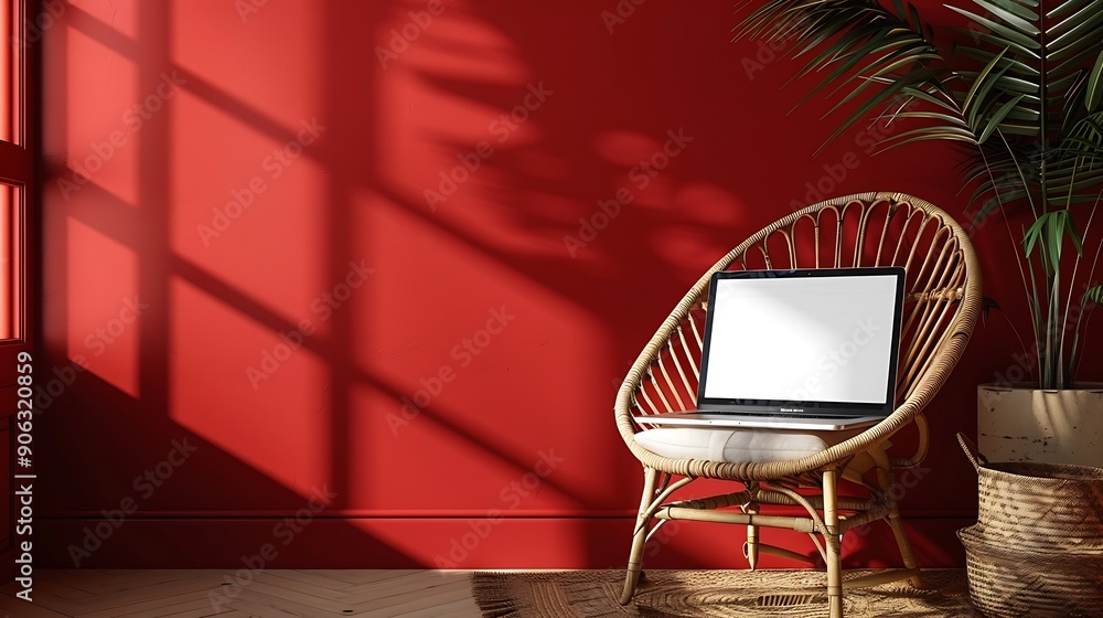 Poster laptop computer with blank screen on comfortable rattan chair against red color wall aesthetic templ