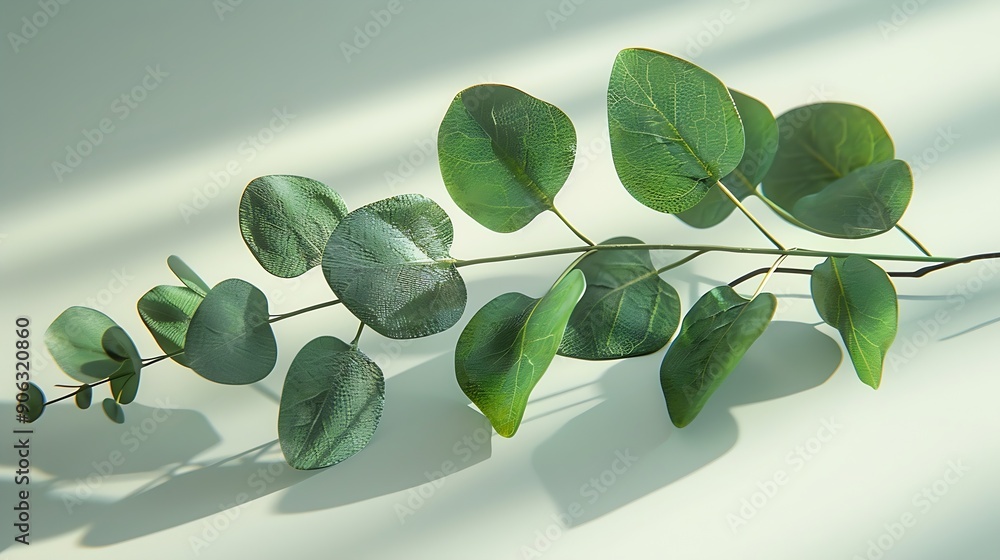 Poster green eucalyptus branch with shadows on empty light grey background backdrop for natural product pre