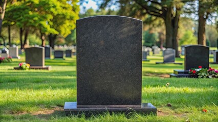 Blank black gravestone in a cemetery , death, burial, marker, remembrance, somber, grave site, grief, mourning, loss