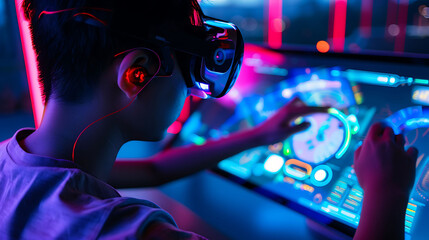 Person with a cognitive disability using a smart device designed with universal design principles in a futuristic inclusive education setting