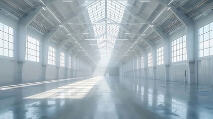 Huge empty industrial warehouse building White interior Hemispherical reinforced concrete load bearing roof with windows Unique architecture : Generative AI