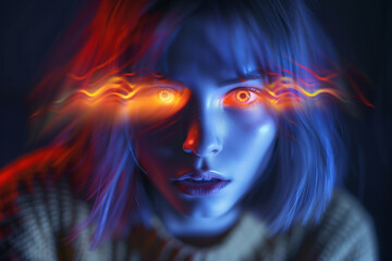 portrait of young woman with fire in her eyes, blue, gray, orange, flames,