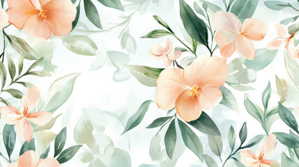 Fototapeta premium A seamless watercolor floral pattern showcasing delicate orchids and greenery in soft peach and mint hues, set against a light, airy background.