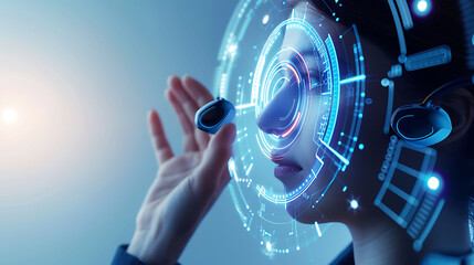 Person with a hearing impairment navigating a barrierfree environment using advanced hearing aids in a dystopian future