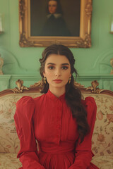 Fototapeta premium portrait of young woman sitting on a divan dressed in red looking at camera, high society, braid, tail, vertical, serious,