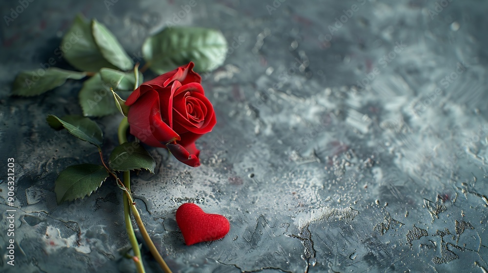 Poster valentine day composition with rose flower and red heart on table top view flat lay copy space holid