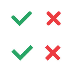 Simple set of green checkmark and red cross in 2 variations isolated on white background. Vector icons in flat style