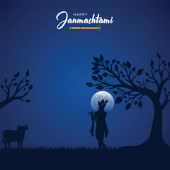 Happy Janmashtami, A Peaceful Nighttime Scene with. Janmashtami, Poster, Lord Krishna and His Cow, Krishna Janmashtami, illustration Art, and Janmashtami Poster, 
