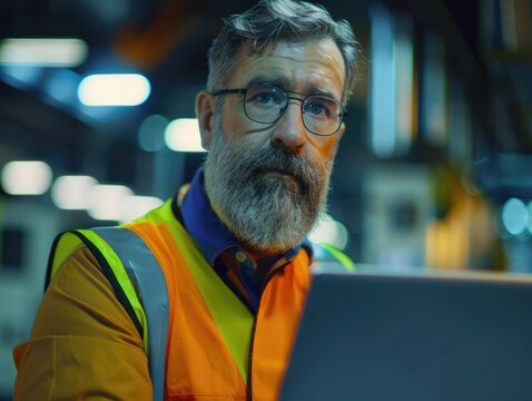 Man with beard and glasses on laptop