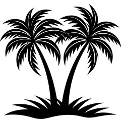 two curved palm tree with grass black vector art illustration