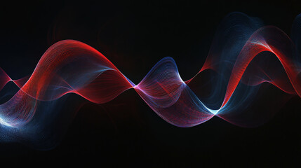 Obraz premium Dynamic abstract background showcasing a spiral sound wave rhythm line in shades of red and blue, set against a dark background for bold contrast.