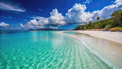 Fototapeta premium A pristine beach with crystal clear waters and white sand, untouched, natural, beach, serene, tranquil, isolated, remote