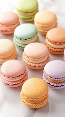 Elevated shot of assorted French macarons in pastel colors, arranged in a neat circle on a marble countertop, soft natural light, minimalist style