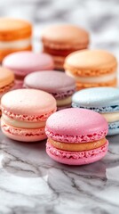 Fototapeta premium Elevated shot of assorted French macarons in pastel colors, arranged in a neat circle on a marble countertop, soft natural light, minimalist style