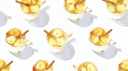 Watercolor pattern of hot apple cider in ceramic mugs with cinnamon sticks. Concept of warm beverage, seasonal drink, autumn, cozy comfort. White backdrop. Winter background
