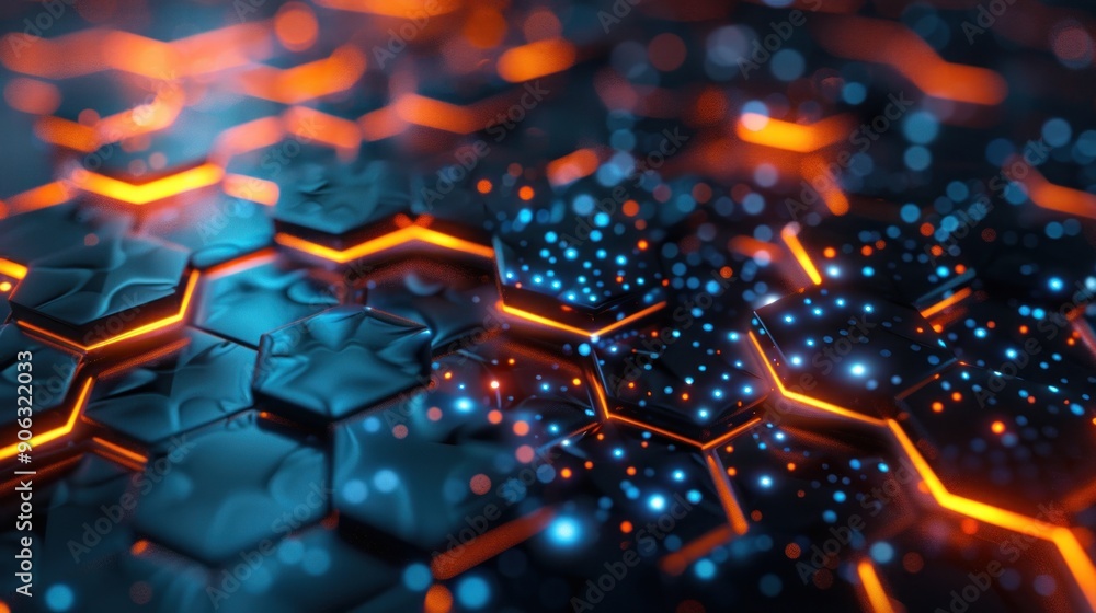 Poster abstract hexagon pattern with glowing lines and lights