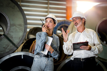 two professional engineer,worker,technician use clipboard discuss work, walk in steel metal manufacture factory plant industry. Black African American man and woman wear hard hat check quality machine