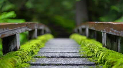 Fototapeta premium Wooden bridge with moss, rustic and charming, isolated background, perfect for marketing use with space for text or graphic elements