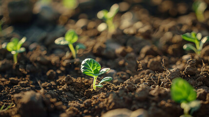 Little sprouts grow  from the ground close up