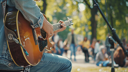 Closeup of a man playing acoustic guitar In the park close-up	