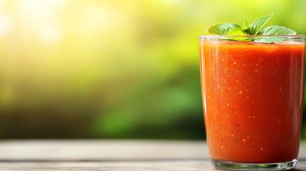 Fototapeta premium Gazpacho, chilled tomato soup, served in a glass, sunny Andalusian patio