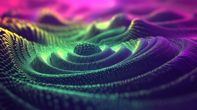 A striking abstract background featuring a spiral sound wave rhythm line in neon green and purple, creating a vibrant and energetic scene.