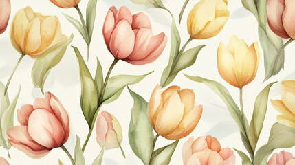 Obraz premium A classic seamless watercolor floral pattern with intricate tulips and leaves in soft pastel hues of pink, yellow, and green, evoking a sense of timeless elegance.