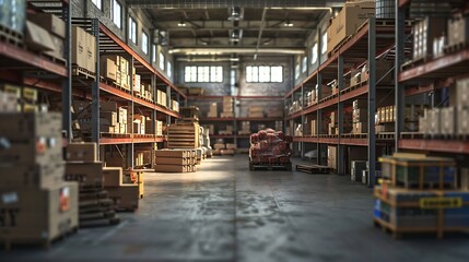Obraz premium Empty warehouse interior with shelves pallets boxes and equipment : Generative AI