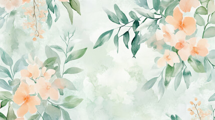 A seamless watercolor floral pattern showcasing delicate orchids and greenery in soft peach and mint hues, set against a light, airy background.