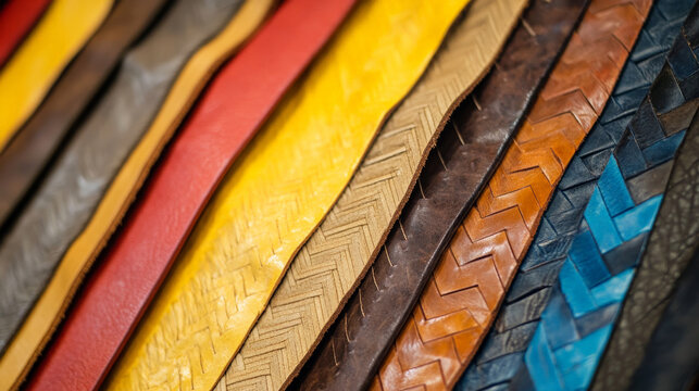A close-up of colored leather pieces arranged in a zigzag pattern. The pieces include bright yellows, rich browns, deep reds, and cool blues, each with a unique texture.