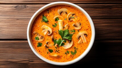 Overhead shot of Tom Yum Goong, vibrant hot and sour soup with mushrooms and lemongrass, served in a classic clay pot, rustic wooden table