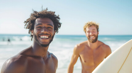 Two Smiling Men with Surfboards on Sea Sand Beach - Black African American and White Caucasian, Multiracial Friends Enjoying Summer Together Photo