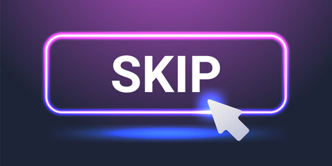 Purple neon skip button with cursor. Glowing vector element