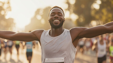 Sporty Man Celebrating Marathon Win - African American Runner with Arms Outstretched, Smiling and Closing Eyes After Crossing Finish Line, Victory Celebration Photo